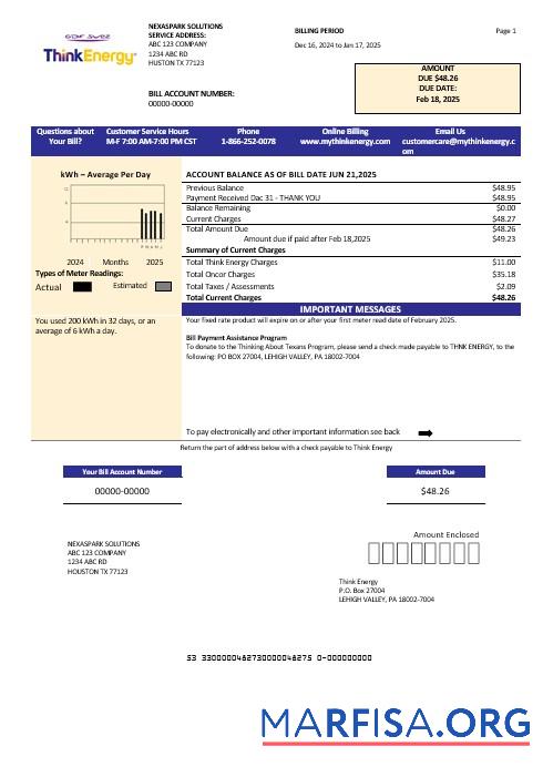 Blank USA Think Energy business utility bill template in Word and PDF formats